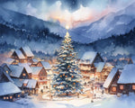 Snowy christmas village with glowing tree cross stitch kit for beginners