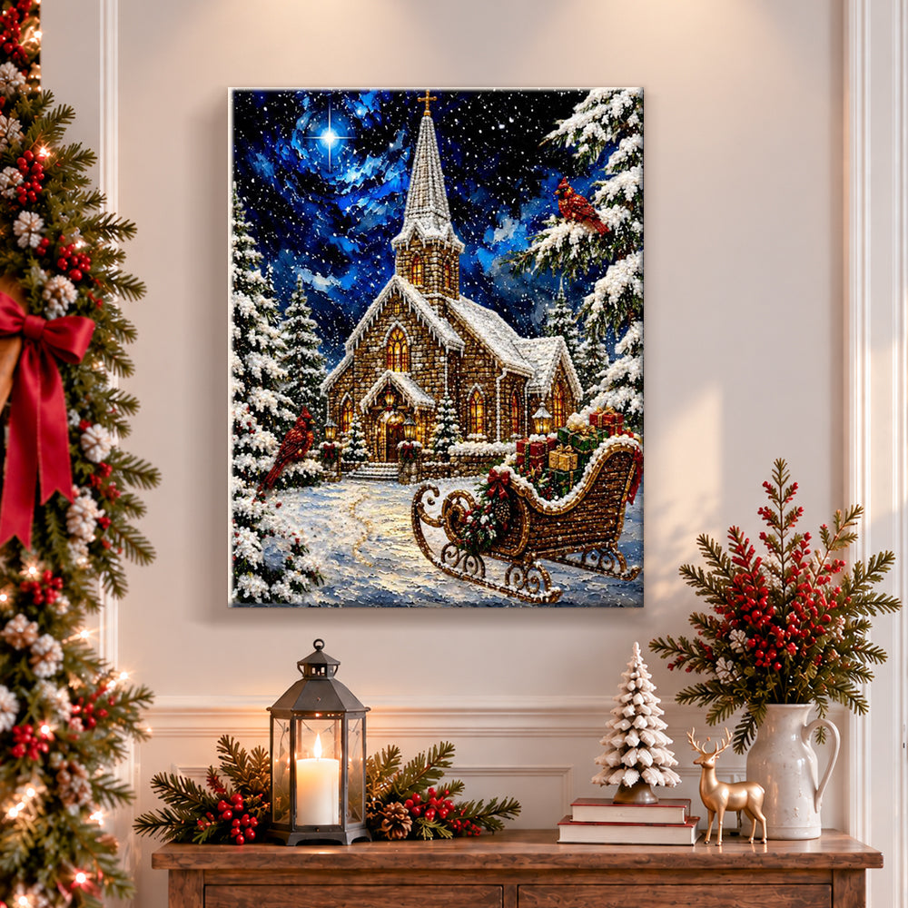 Finished snowy church with sleigh pearl diamond painting artwork displayed as holiday home decor