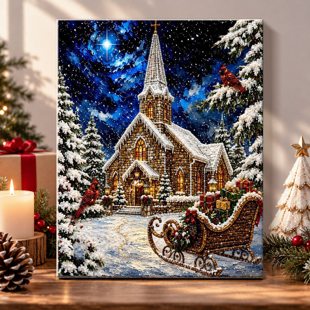 Snowy church with sleigh pearl diamond painting kit for beginners