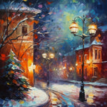 Snowy european night street scene cross stitch kit for beginners