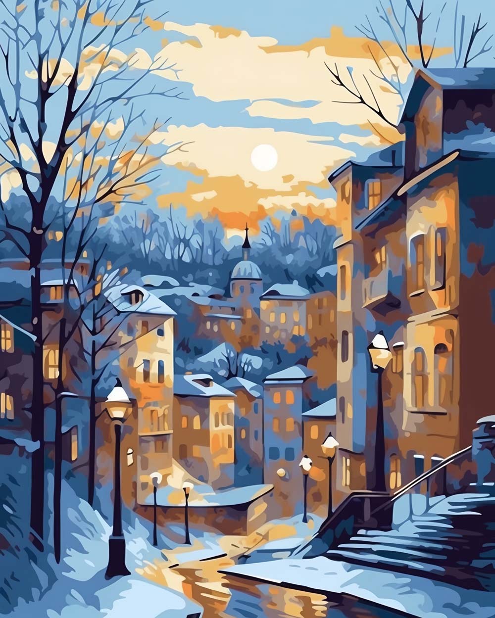 Snowy european town at sunset cross stitch kit for beginners