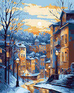 Snowy european town at sunset cross stitch kit for beginners