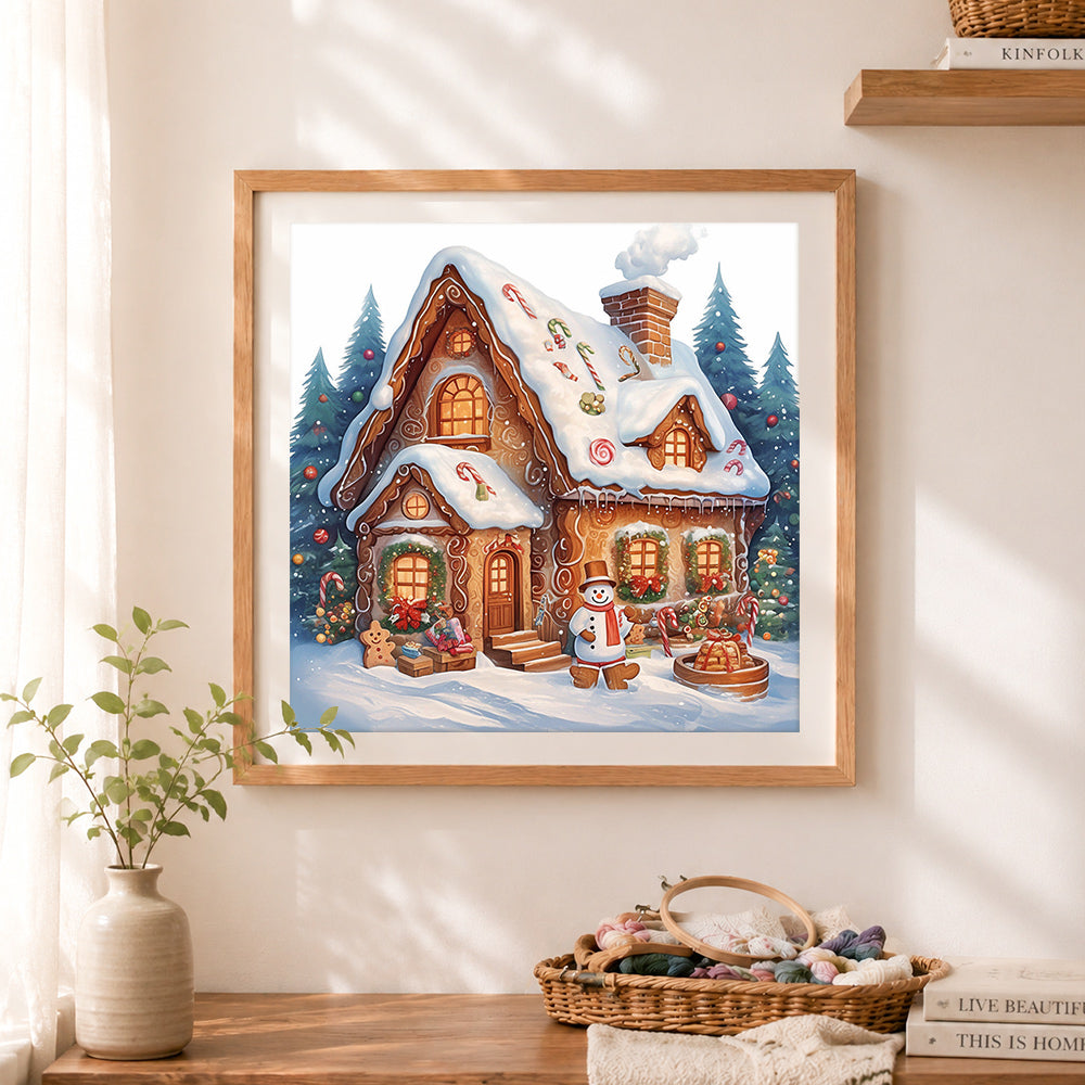 Finished snowy gingerbread house cross stitch artwork displayed as home decor