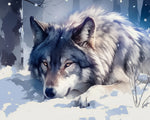 Snowy gray wolf resting in winter forest cross stitch kit for beginners