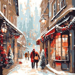 Snowy holiday street walk cross stitch kit for beginners