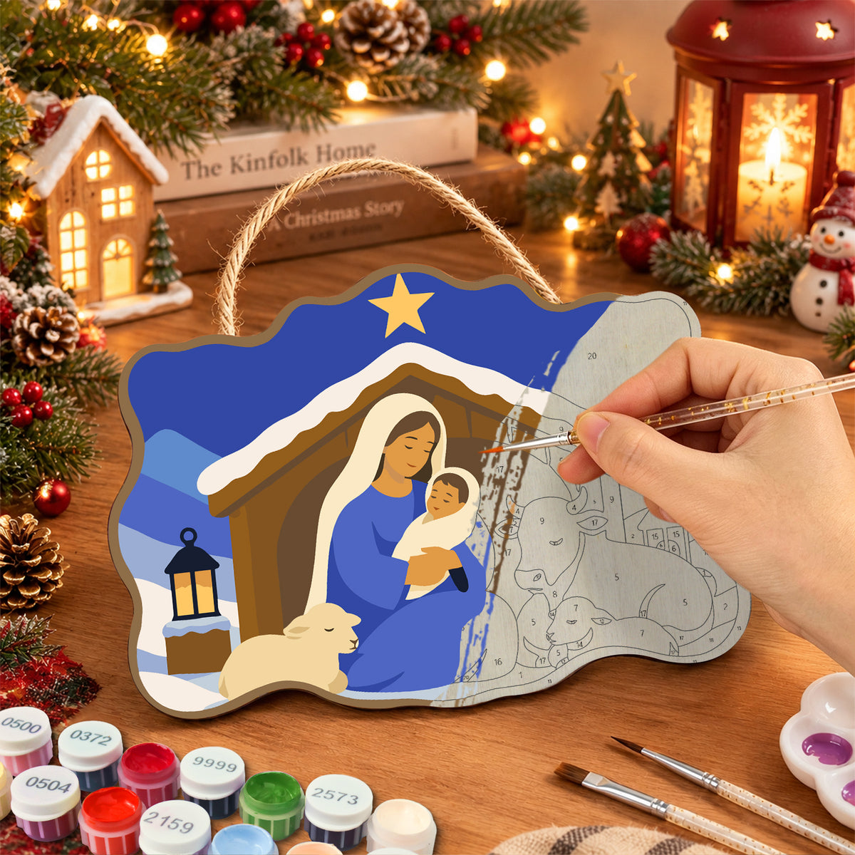 Snowy manger scene paint by numbers door hanger painting process