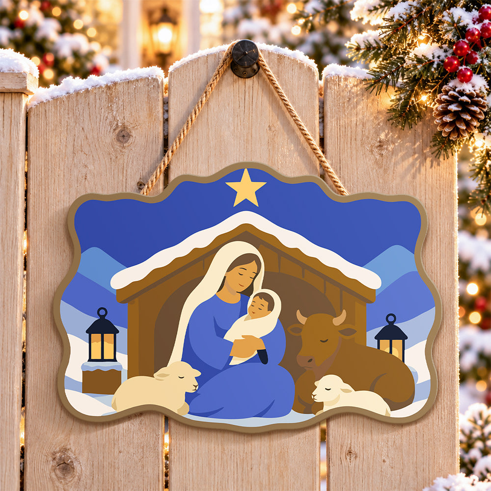 Snowy manger scene paint by numbers door hanger on a garden gate