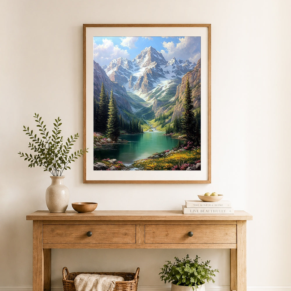 Finished snowy mountain lake with pine forest cross stitch artwork displayed as home decor