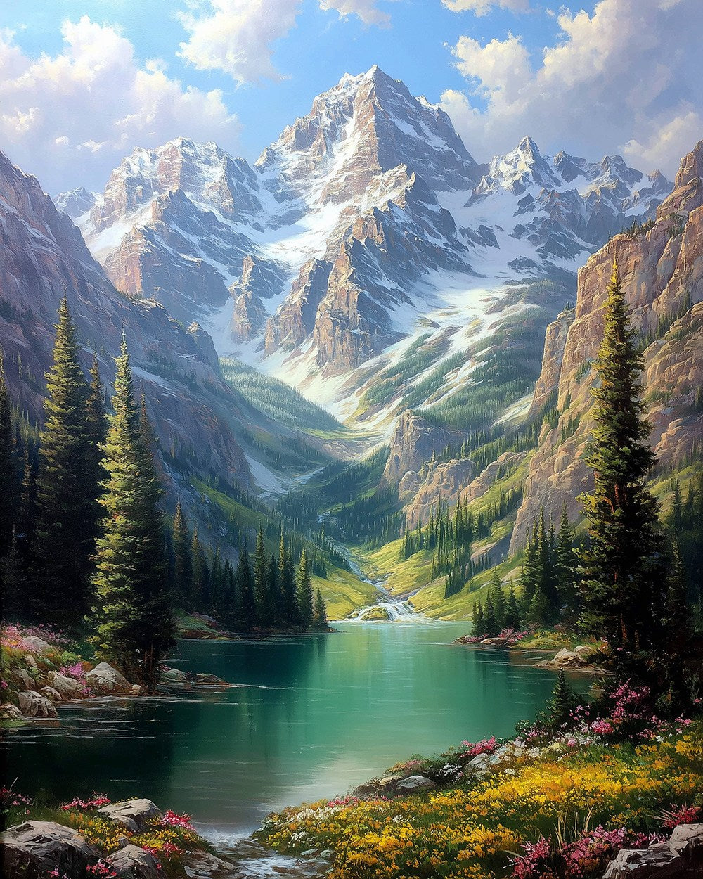 Snowy mountain lake with pine forest cross stitch kit for beginners