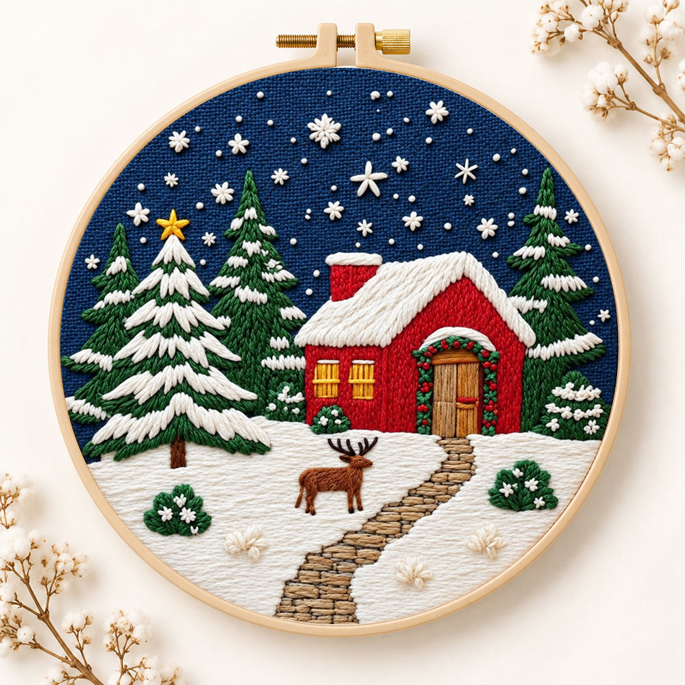 Snowy night cottage scene embroidery kit