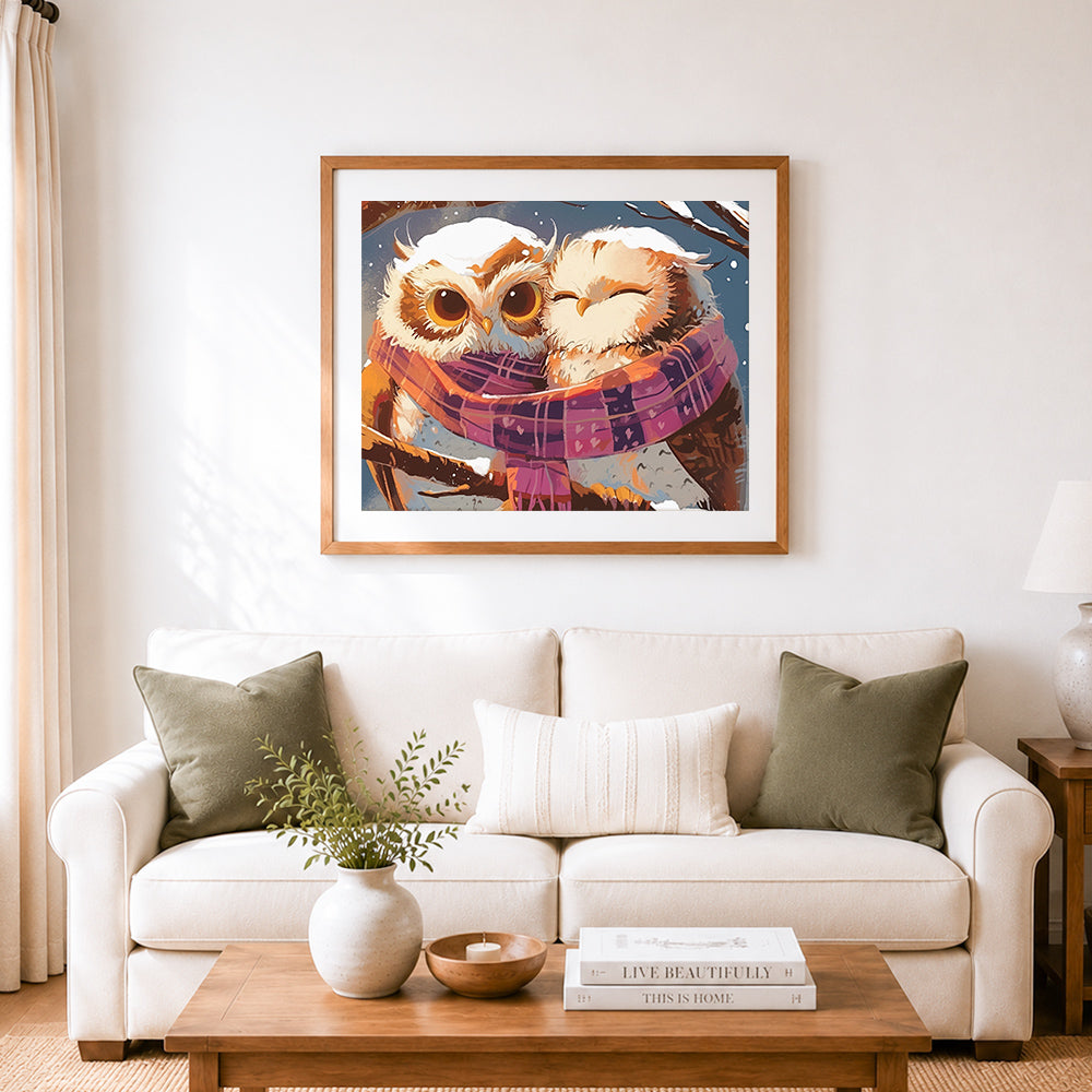 Finished snowy owls sharing a scarf cross stitch artwork displayed as home decor