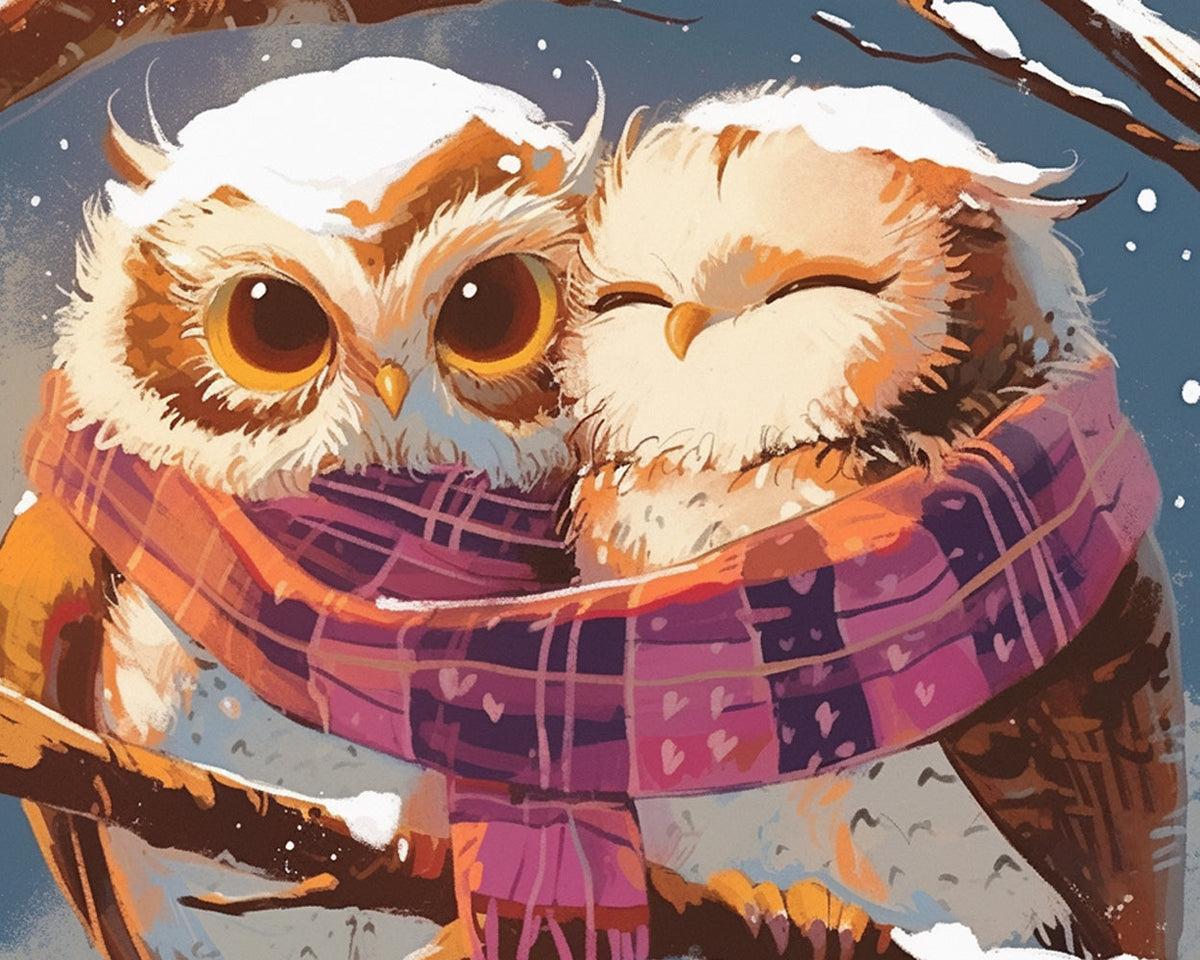 Snowy owls sharing a scarf cross stitch kit for beginners