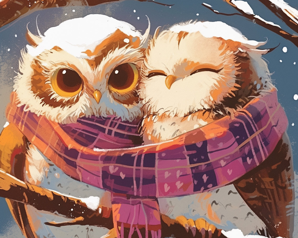 Snowy owls sharing a scarf cross stitch kit for beginners