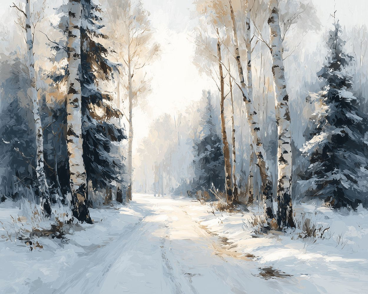 Snowy path through birch and pine forest cross stitch kit for beginners