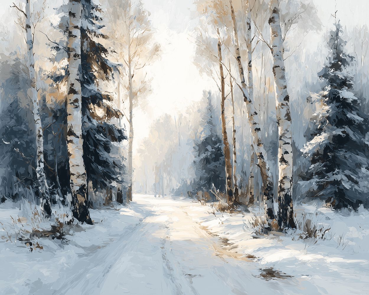 Snowy path through birch and pine forest cross stitch kit for beginners