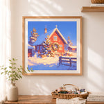 Finished snowy red cabin christmas scene cross stitch artwork displayed as home decor