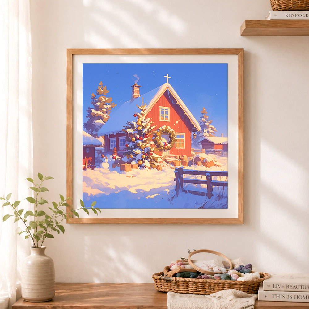 Finished snowy red cabin christmas scene cross stitch artwork displayed as home decor
