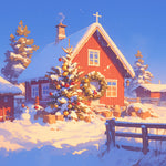 Snowy red cabin christmas scene cross stitch kit for beginners