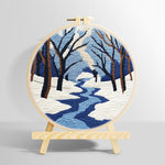 Snowy river landscape with bare trees punch needle kit for beginners