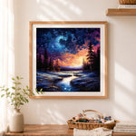 Finished snowy river starry wilderness cross stitch artwork displayed as home decor