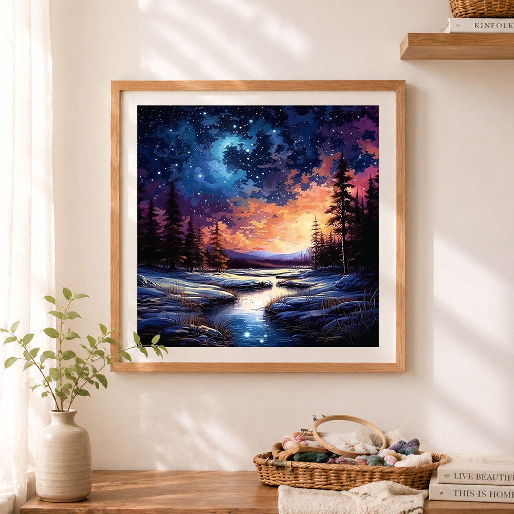 Finished snowy river starry wilderness cross stitch artwork displayed as home decor