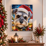 Finished snowy schnauzer with santa hat pearl diamond painting artwork displayed as holiday home decor