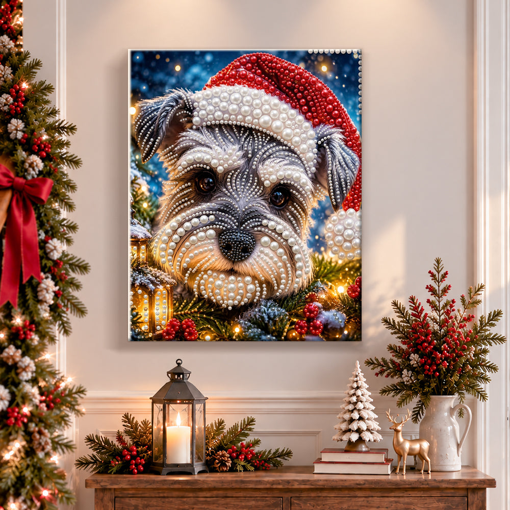 Finished snowy schnauzer with santa hat pearl diamond painting artwork displayed as holiday home decor