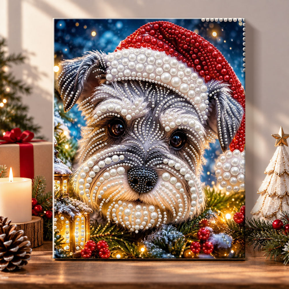Snowy schnauzer with santa hat pearl diamond painting kit for beginners