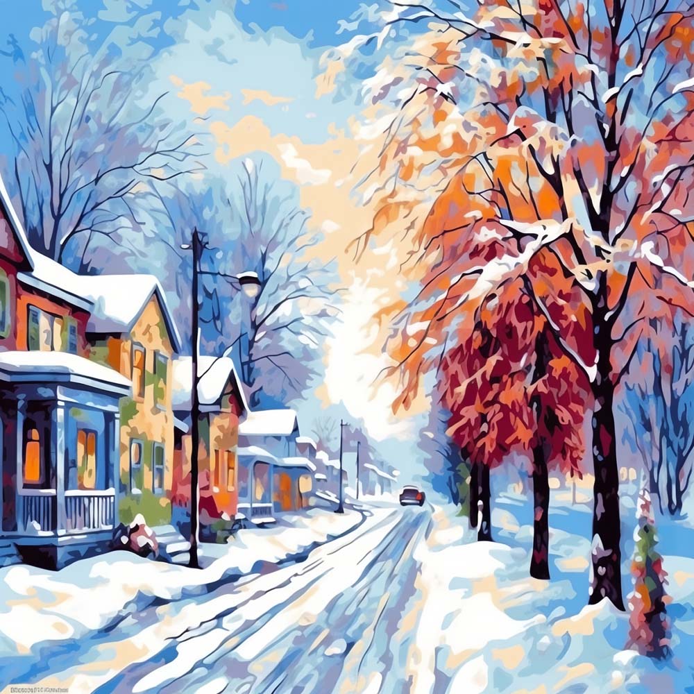 Snowy small town neighborhood street cross stitch kit for beginners