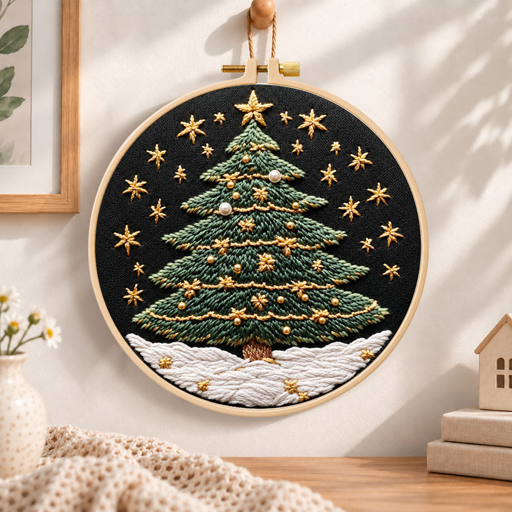 Snowy star christmas tree embroidery hoop wall art displayed as warm and cozy handmade home decor
