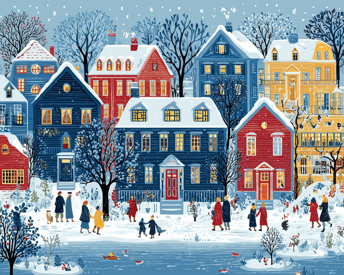Snowy town street scene with people walking cross stitch kit for beginners