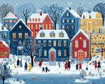 Snowy town street scene with people walking cross stitch kit for beginners