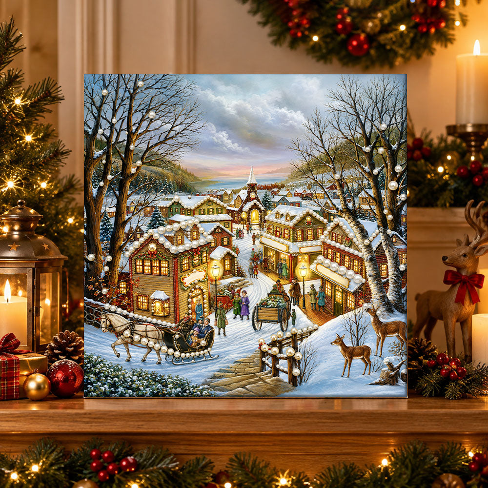 Finished snowy vintage christmas town pearl diamond painting artwork displayed as holiday home decor