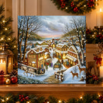 Finished snowy vintage christmas town pearl diamond painting artwork displayed as holiday home decor