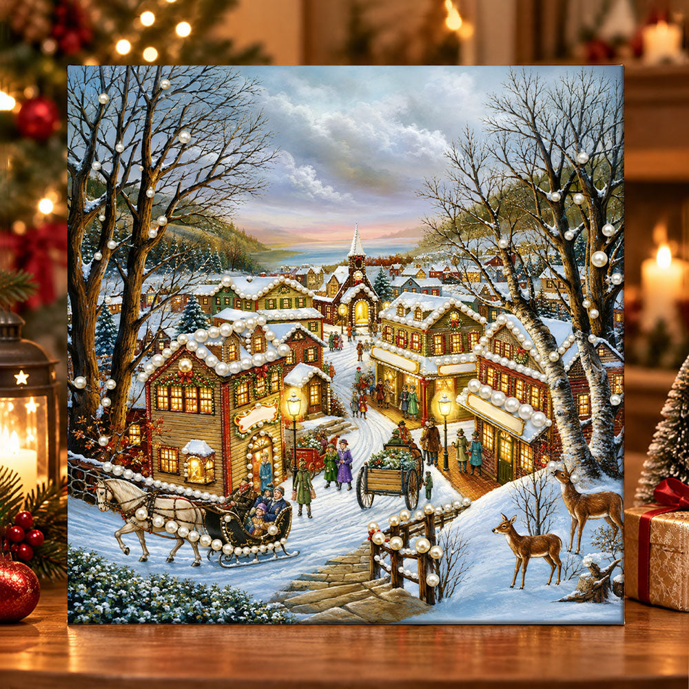 Snowy vintage christmas town pearl diamond painting kit for beginners