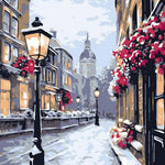 Snowy vintage european street cross stitch kit for beginners