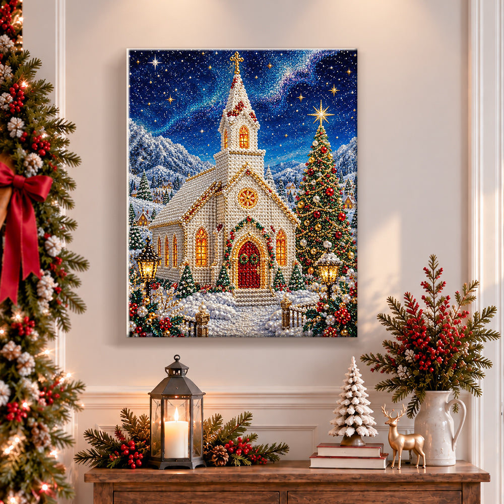 Finished snowy winter church pearl diamond painting artwork displayed as holiday home decor