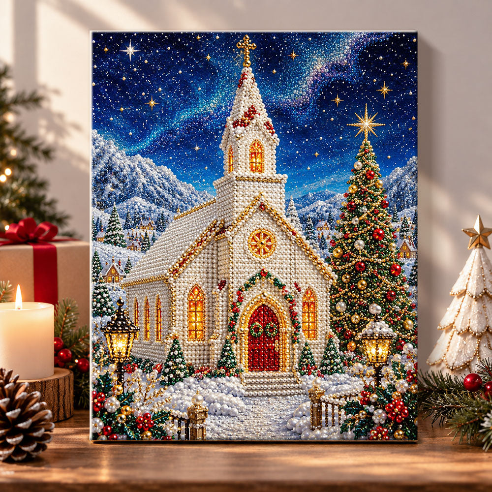 Snowy winter church pearl diamond painting kit for beginners