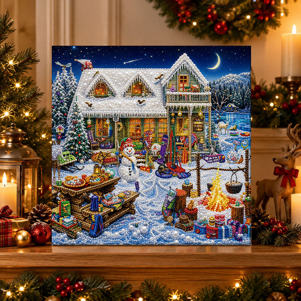 Finished snowy winter cottage scene pearl diamond painting artwork displayed as holiday home decor