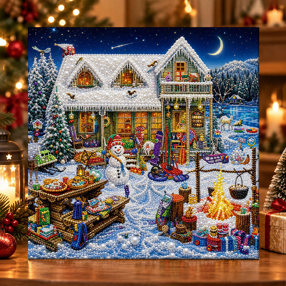 Snowy winter cottage scene pearl diamond painting kit for beginners