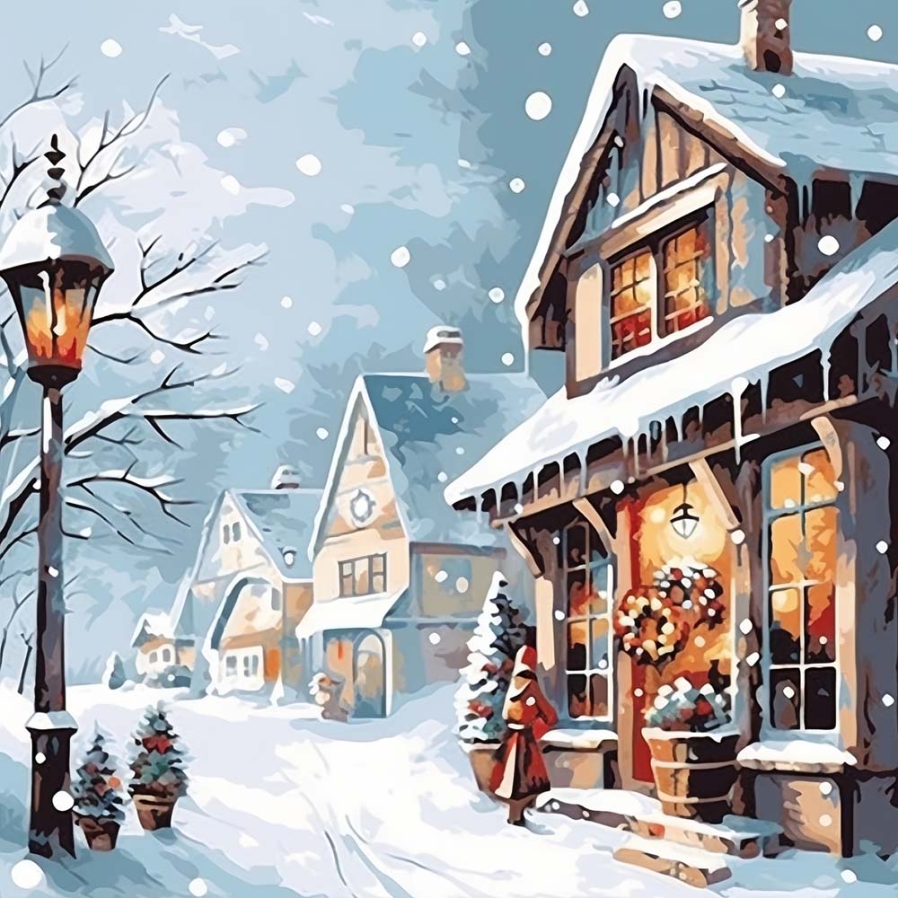 Snowy winter village street cross stitch kit for beginners