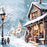 Snowy winter village street cross stitch kit for beginners
