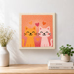 Finished snuggling orange and pink cat couple artwork displayed on a wall