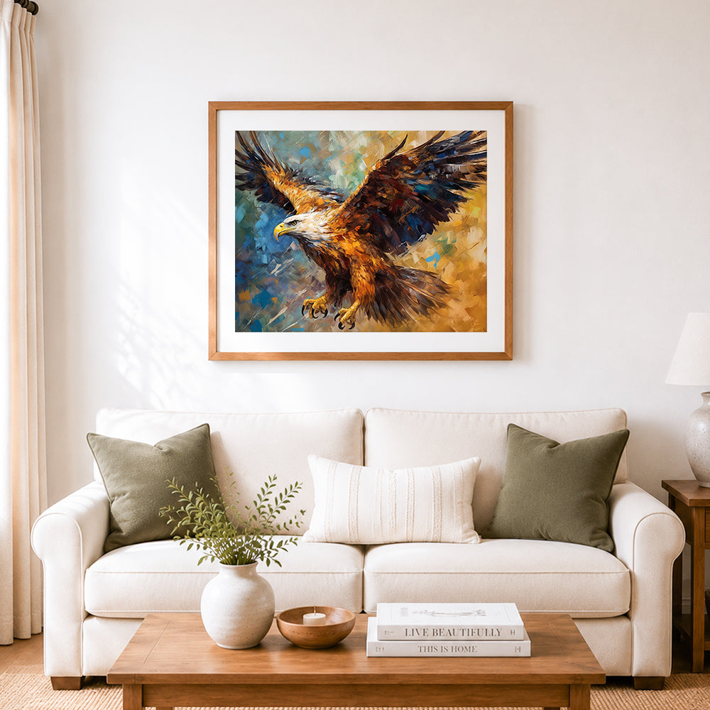 Finished soaring bald eagle cross stitch artwork displayed as home decor