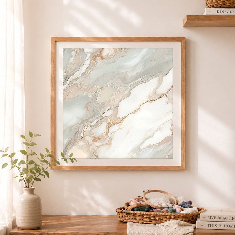Finished soft beige marble texture cross stitch artwork displayed as home decor