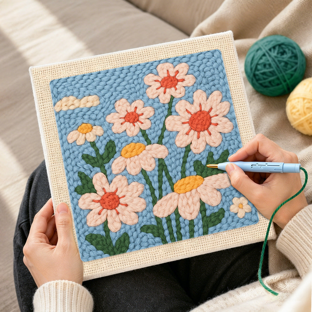 Creating handmade soft daisies punch needle artwork