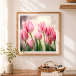 Finished soft focus pink tulips cross stitch artwork displayed as home decor