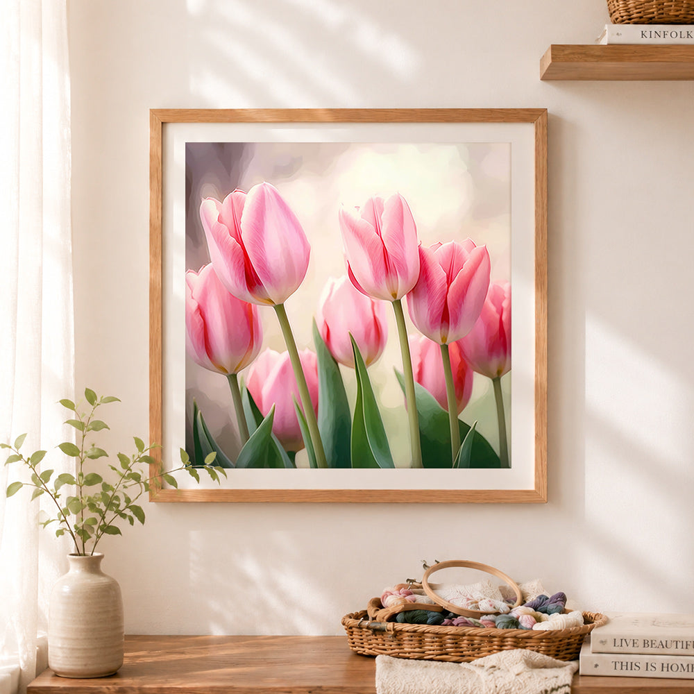 Finished soft focus pink tulips cross stitch artwork displayed as home decor