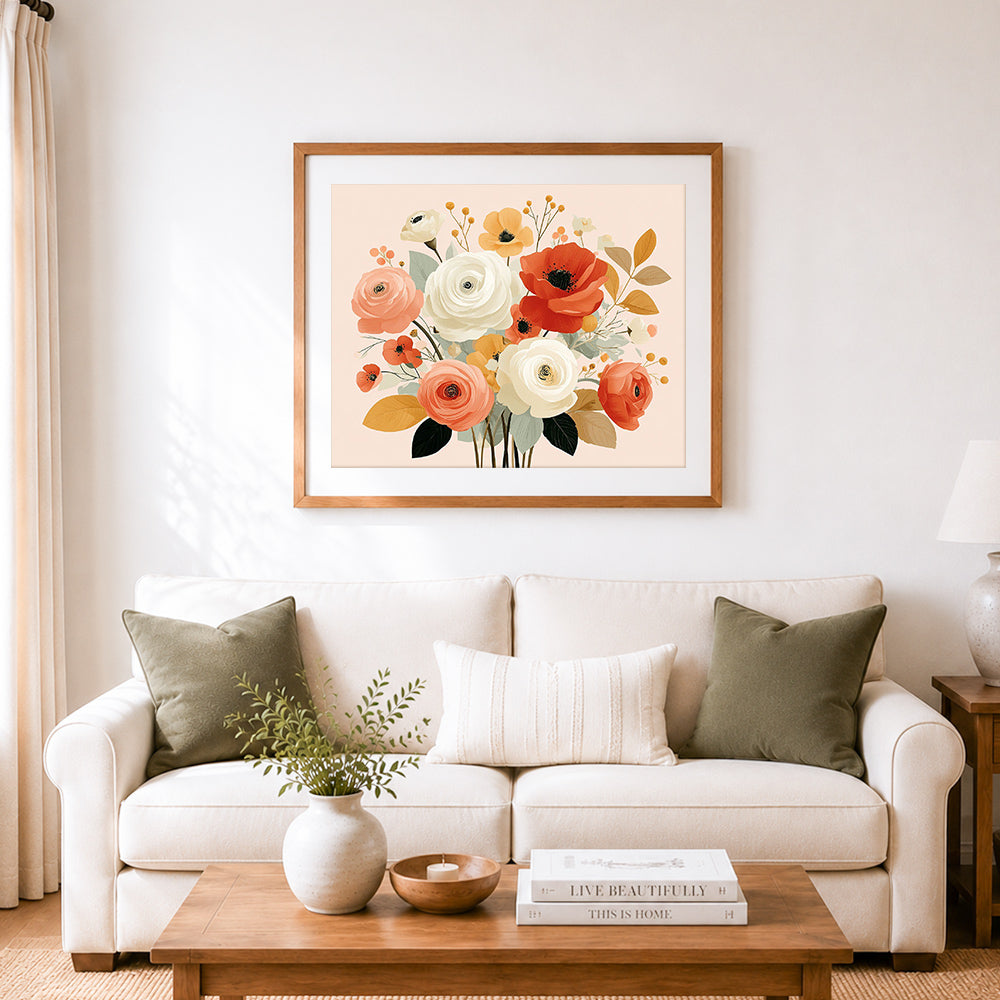 Finished soft neutral spring bouquet cross stitch artwork displayed as home decor