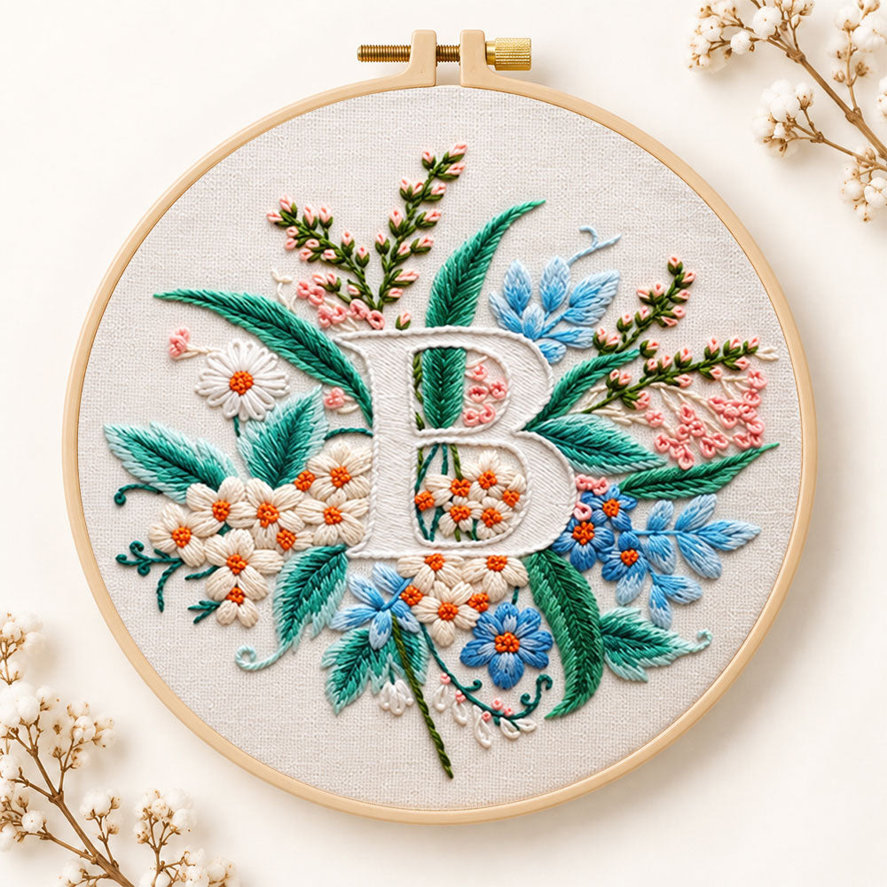 Soft pastel blooms and letter b embroidery kit